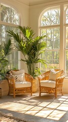 A living room with a large plant in the corner