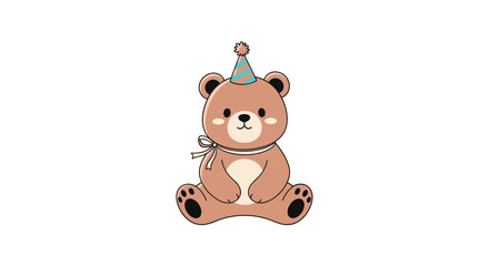 Fototapeta premium A cute cartoon teddy bear wearing a party hat sits and looks forward.