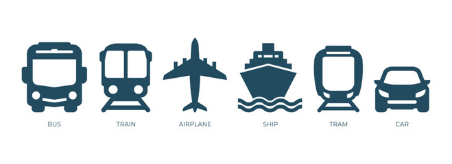 Set of silhouettes of transportation icons collection isolated on a white background