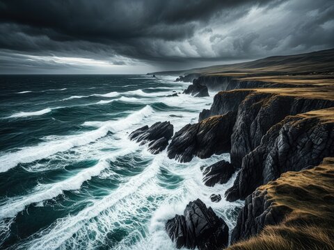 Dramatic seascape with waves crashing against rocky cliffs under a stormy sky