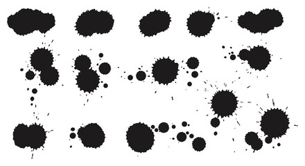 Collection of black ink splatters and drops in a distinctive silhouette style on a white background