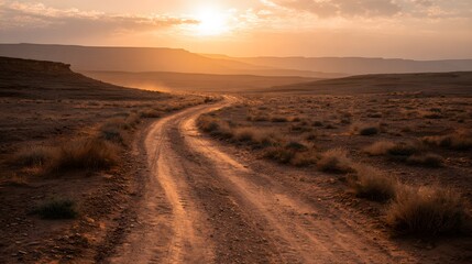 Winding dirt road leads through arid landscape at sunset.