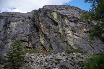 Rugged granite cliff face at Bowman Valley, California, USA. The vertical rock wall displays distinctive fractures and textures, surrounded by pine trees and scattered boulders at its base.