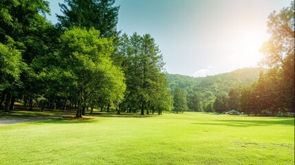 fairway. Vast green golf course under bright sunlight, capturing the tranquility of open landscapes. travel magazines, destination branding, designed for outdoor magazines and nature guides.
