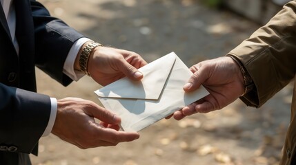 Professional Business Exchange of a White Envelope During a Formal Transaction or Partnership Meeting, Sensitive Document a Contract or Letter, A Discreet Financial or Private Transfer