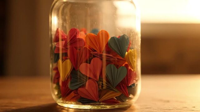 Collecting cherished moments and sweet messages of love inside a clear glass wish jar filled with vibrant multicolored origami paper hearts