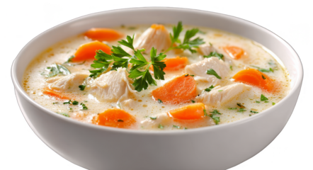 A bowl of creamy chicken soup containing carrots and parsley, presenting a delicious and appetizing appearance.