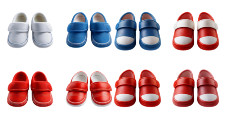 Colorful Children's Shoes Arrangement on White Background, Bundle Set Collection, Isolated on Transparent Background