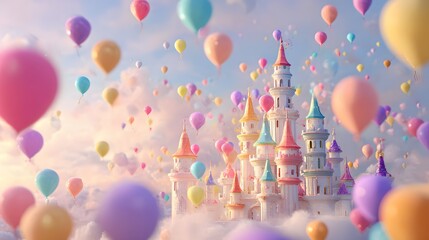 Whimsical pastel castle floats among colorful balloons in soft clouds.