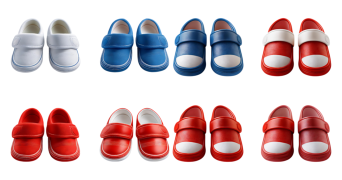 Colorful Children's Shoes Arrangement on White Background, Bundle Set Collection, Isolated on Transparent Background