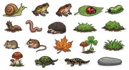 Collection of woodland creatures pixel art style various animals and plants forest ecosystem