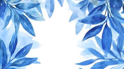 Blue watercolor leaves frame a bright white background space.