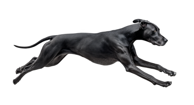 A black great dane dog is captured in mid - leap, displaying its muscular and athletic physique as it moves with speed and agility.
