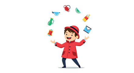 A cheerful young boy in a red coat expertly juggles various objects in the air.