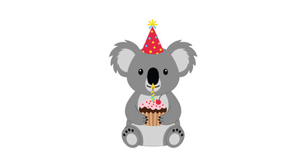 Naklejka premium Cute koala in a party hat eating a birthday cupcake.