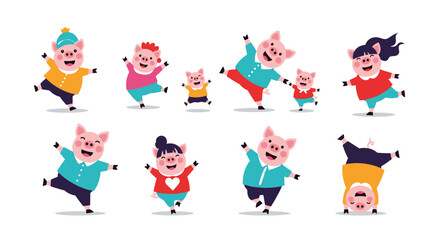 Fototapeta premium A group of cartoon pigs dancing and jumping in a playful manner.