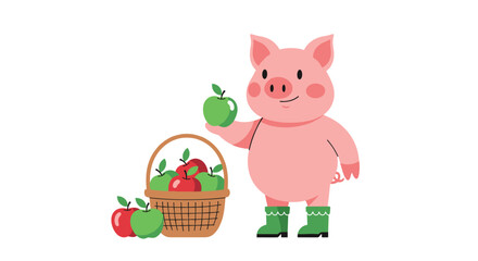 A happy pink pig wearing green boots and holding a fresh green apple.