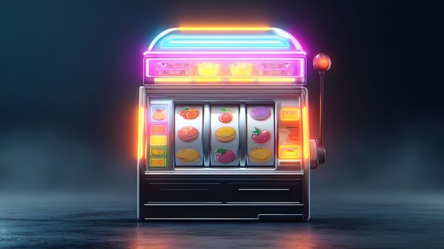 Retro fruit machine glows with neon lights on dark background.