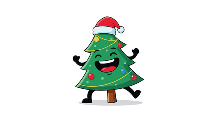 This happy cartoon christmas tree is dancing joyfully while wearing a santa hat and colorful ornaments.
