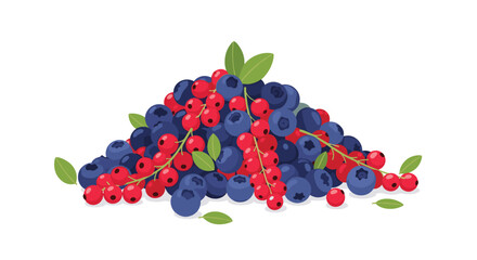 A pile of fresh blueberries and red currants with green leaves.