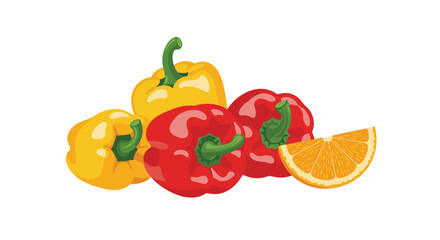 A vibrant assortment of colorful bell peppers with a fresh slice of orange.