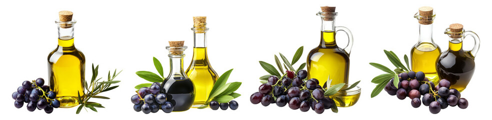 Olive Oil Bottles with Fresh Ingredients and Herbs on White Background
