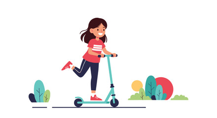 A happy young girl enjoys a fun ride on her scooter outdoors.