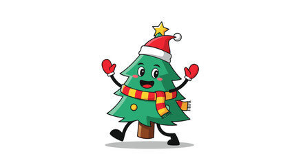 A cute cartoon christmas tree wearing a hat and scarf is happily dancing.