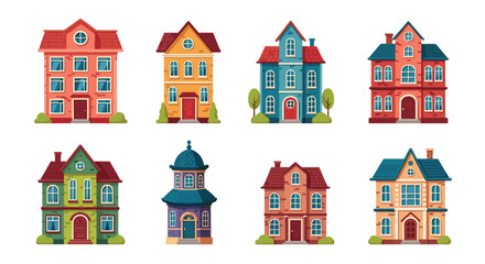 A collection of charming houses with unique architectural styles and vibrant colors.