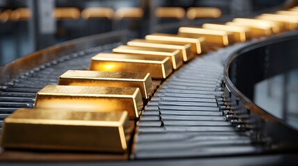 Bright gold bars move along a conveyor belt in a factory setting.