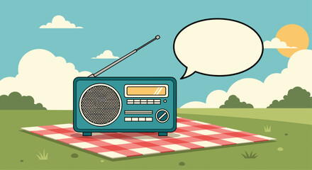A retro radio sits on a picnic blanket in a sunny field with a speech bubble above it.