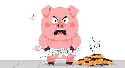 An angry pig wearing a towel with a pile of droppings next to it