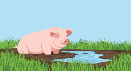 A cute pink pig enjoying a refreshing mud bath in a grassy field on a sunny day.