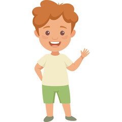 Obraz premium Cartoon young boy with ginger hair wearing a light yellow t-shirt and green shorts waves hello with a happy expression on his face, isolated on a transparent background