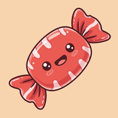 Obraz premium An adorable, smiling candy illustrated in a kawaii style, wrapped in red and white striped cellophane.
