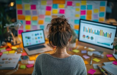 Top view of businesswoman working on laptop while looking at graph and stick sticky notes at whiteboard.  
