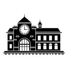 Naklejka premium Train station Silhouette of building with clock and tracks Transportation hub