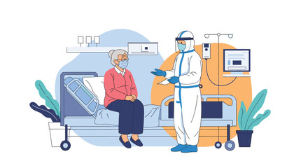 Healthcare professional in protective suit talks with elderly patient in hospital room.