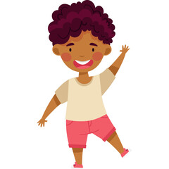 Cheerful Young Boy With Curly Dark Hair Wearing A Light Tan T Shirt And Pink Shorts Waving Happily With One Arm Raised And One Leg Forward Against A White Background