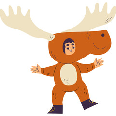 Child Wearing Brown Moose Costume with Large Antlers and Open Arms in a Playful Pose Isolated on White Background