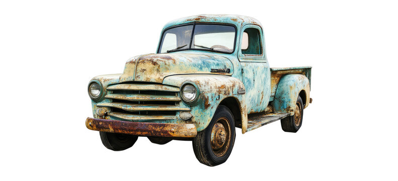 Vintage Blue Rusty Pickup Truck on White Background