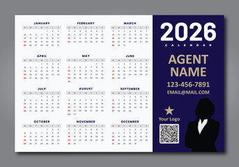 Calendar layout for 2026 year- Realtor,  Planner - printing template - Wall Calendar- Magnet Calendar, Vector