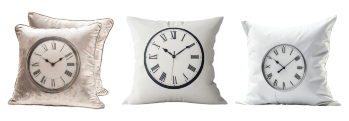 Decorative Cushions Featuring Unique Clock Designs for Home DÃ©cor, PNG bundle collection, Isolated on Transparent Background