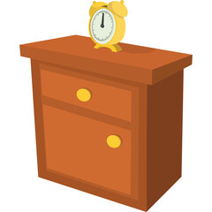 Cartoon Style Orange Wooden Nightstand With Two Drawers And Yellow Alarm Clock On Top Featuring A Simple Design And Transparent Background