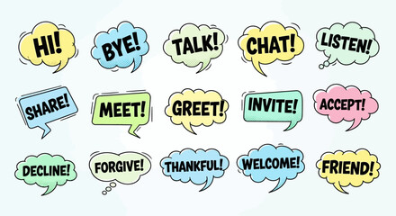 Obraz premium Speech bubbles Colorful hand drawn style with communication words conversation concept