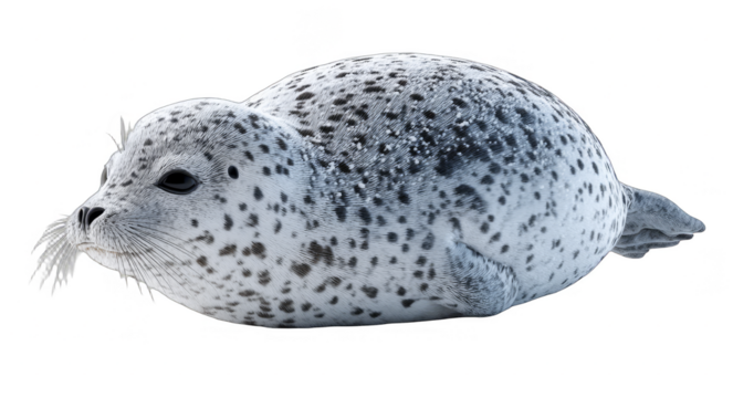 A close-up shot of a spotted seal showcasing its distinctive white and black fur pattern in a natural setting.