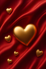 Luxury Valentine background, golden hearts and red silk fabric folds.