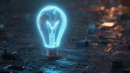 Glowing lightbulb rests on a circuit board signifying technological innovation.