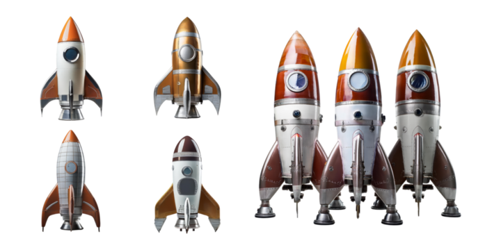 Retro Rocket Ship Illustrations for Creative Projects, PNG collection, set bundle, isolate on transparent or white background