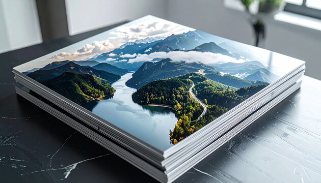 A premium photo album with a stunning mountain landscape cover lies on a dark, elegant tabletop.